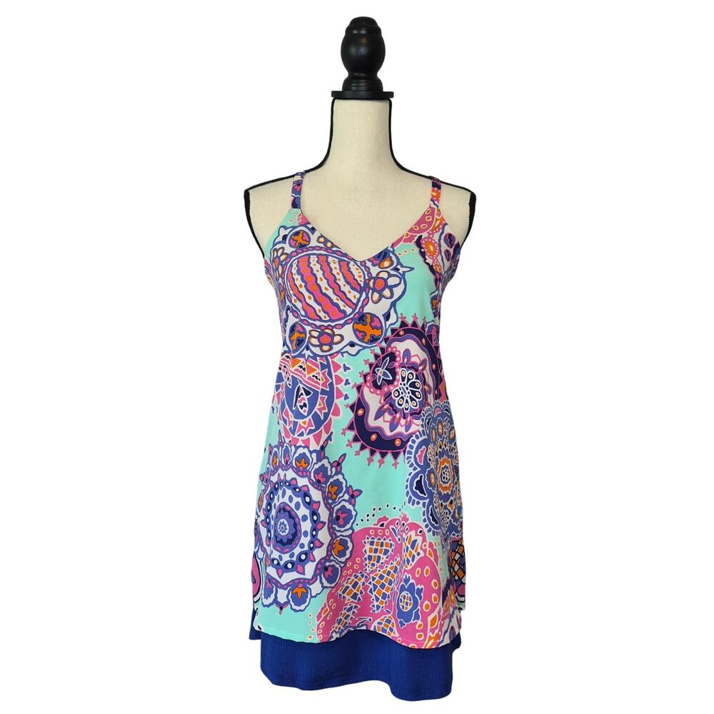 Judith March Geometric Medallion Racerback Sleeveless Mini Dress Layered Blue S